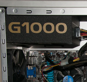 Close-up of top-left corner of computer with power supply inside